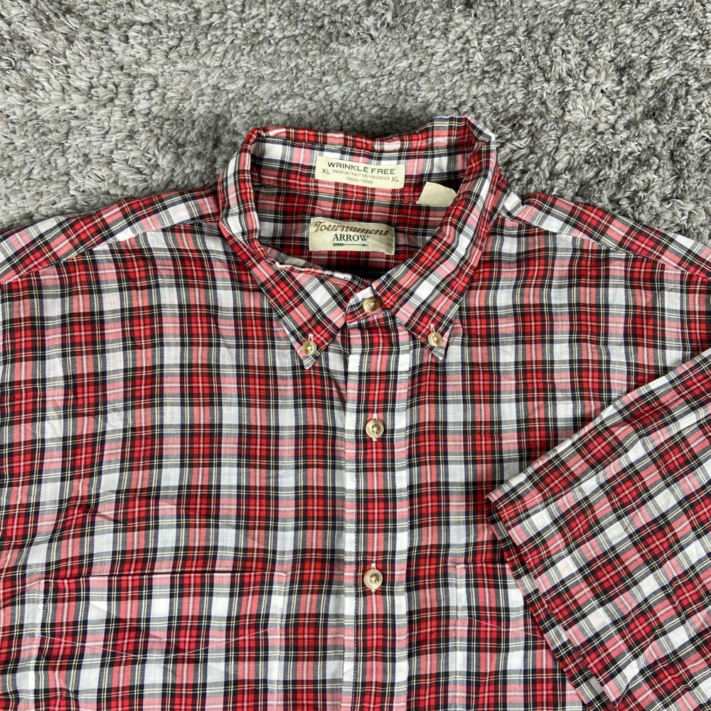 Vintage Tournament Arrow Button Down Shirt Mens XL Red Plaid WF Short Sleeve